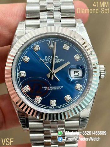 VS Factory Watch Datejust 41 V2 Bright Blue and Diamond Set Dial Fluted Bezel 904L Steel Case and Jubilee Bracelet DanDong 3235 Calibre 00