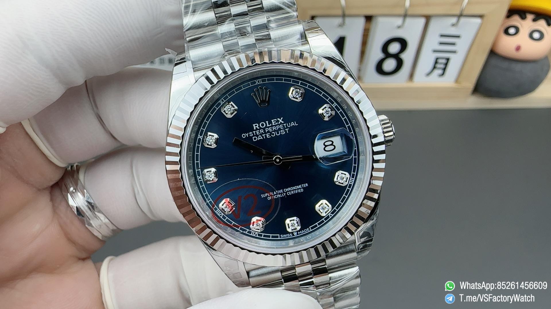 VS Factory Watch Datejust 41 V2 Bright Blue and Diamond Set Dial Fluted Bezel 904L Steel Case and Jubilee Bracelet DanDong 3235 Calibre 02 VS Factory Watch Datejust 41 V2 Bright Blue and Diamond Set Dial Fluted Bezel 904L Steel Case and Jubilee Bracelet DanDong 3235 Calibre 02