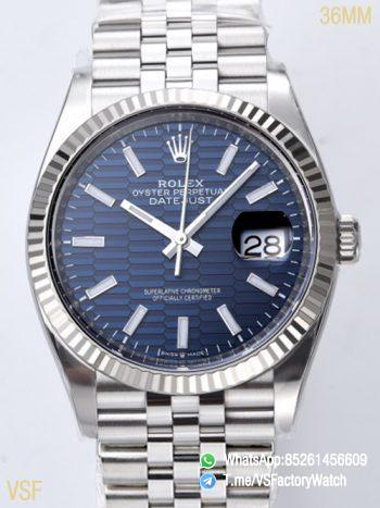 VSF Watch Datejust 36 Ref 126234 Bright Blue Fluted Motif Dial 904L Steel Case and Jubilee Bracelet DanDong 3235 Movement 00