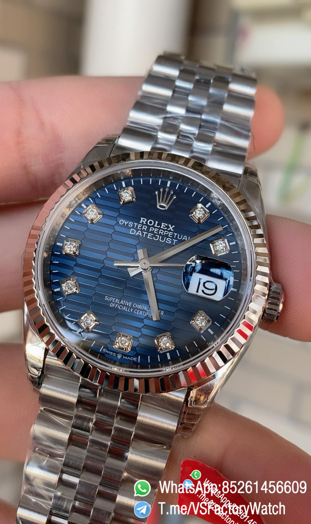 VSF Watch Datejust 36 Ref 126234 Bright Blue Fluted Motif and Diamond Set Dial 904L Steel Case and Jubilee Bracelet DanDong 3235 Movement 02 VSF Watch Datejust 36 Ref 126234 Bright Blue Fluted Motif and Diamond Set Dial 904L Steel Case and Jubilee Bracelet DanDong 3235 Movement 02