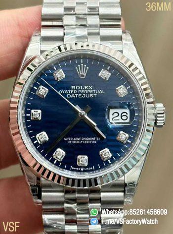 VSF Watches Datejust 36 Ref 126234 Bright Blue Fluted Motif and Diamond Set Dial 904L Steel Case and Jubilee Bracelet DanDong 3235 Movement 00