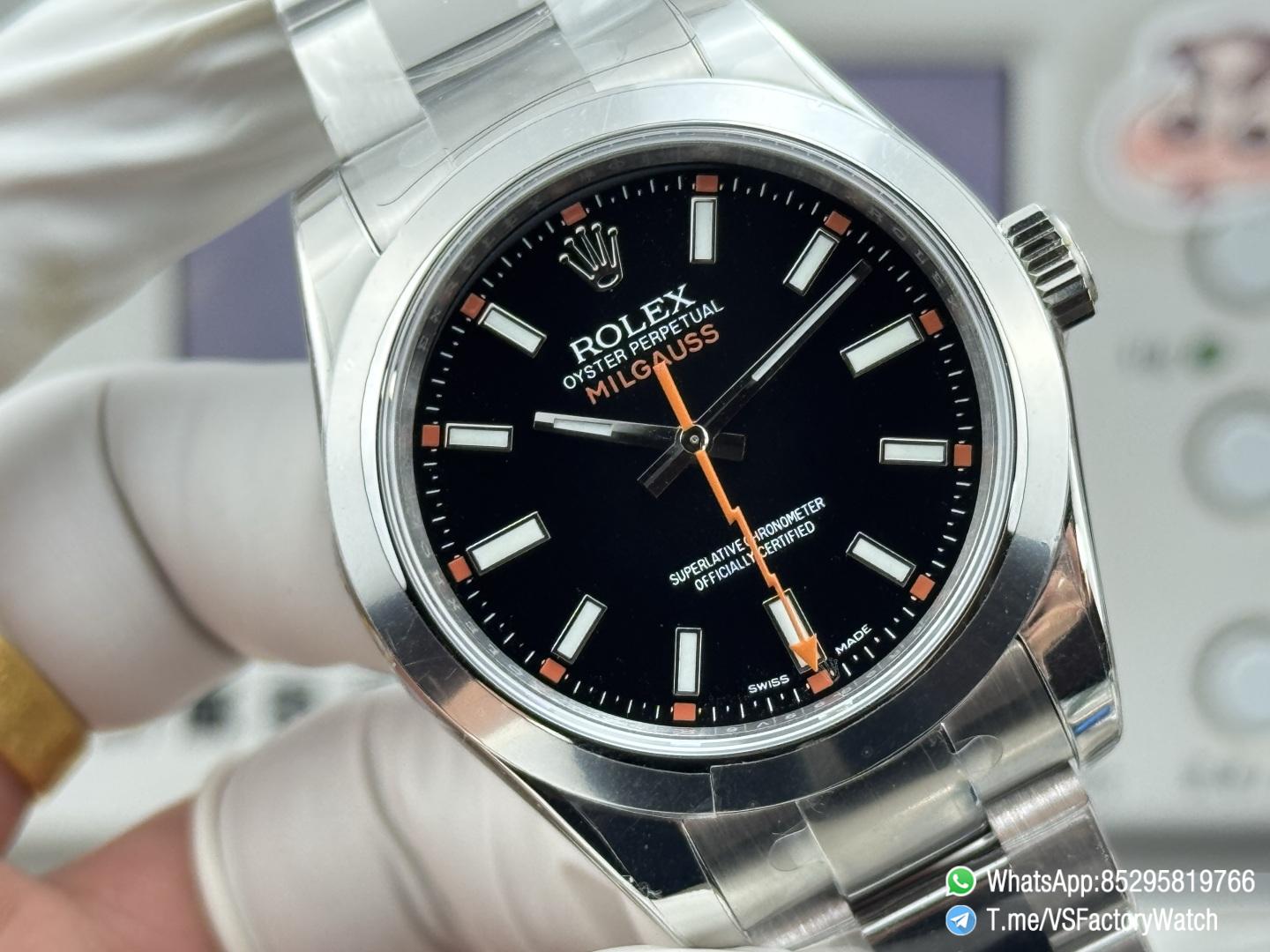 VSF Watch Milgauss 116400 Black Dial Lightning Bolt Second Hand Steel Case Smooth Bezel Oyster Bracelet VS3131 Movement 04 VSF Watch Milgauss 116400 Black Dial Lightning Bolt Second Hand Steel Case Smooth Bezel Oyster Bracelet VS3131 Movement 04