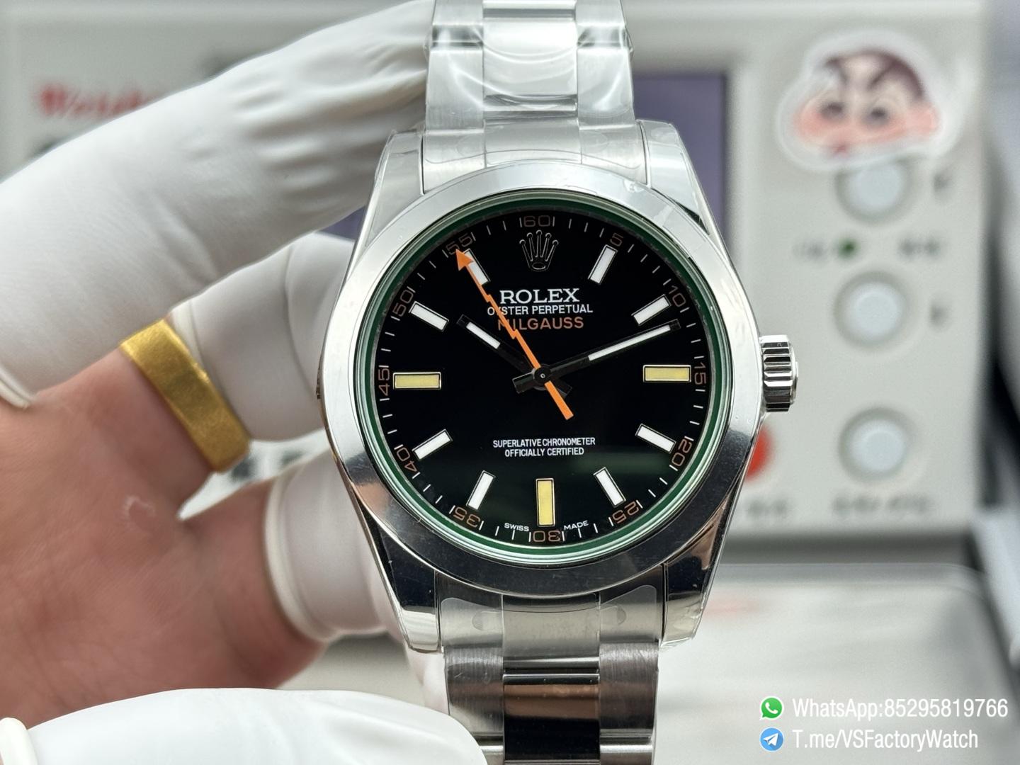 VSF Watch Milgauss 116400 Black Dial Lightning Second Hand Green Crystal Steel Case Smooth Bezel Oyster Bracelet VS3131 Movement 01 VSF Watch Milgauss 116400 Black Dial Lightning Second Hand Green Crystal Steel Case Smooth Bezel Oyster Bracelet VS3131 Movement 01