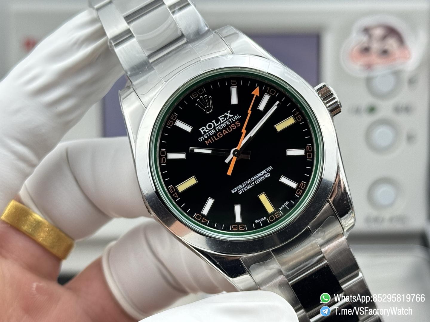 VSF Watch Milgauss 116400 Black Dial Lightning Second Hand Green Crystal Steel Case Smooth Bezel Oyster Bracelet VS3131 Movement 02 VSF Watch Milgauss 116400 Black Dial Lightning Second Hand Green Crystal Steel Case Smooth Bezel Oyster Bracelet VS3131 Movement 02