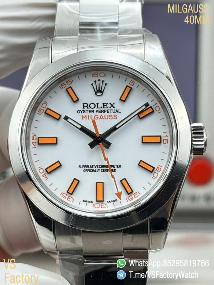 VSF Watches Milgauss 116400 White Dial Lightning Bolt Orange Indexes 904L Steel Case Smooth Bezel Oyster Bracelet VS3131 Movement 00 VSF Watches Milgauss 116400 White Dial Lightning Bolt Orange Indexes 904L Steel Case Smooth Bezel Oyster Bracelet VS3131 Movement 00
