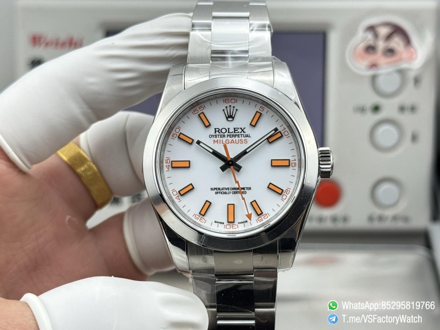 VSF Watches Milgauss 116400 White Dial Lightning Bolt Orange Indexes 904L Steel Case Smooth Bezel Oyster Bracelet VS3131 Movement 01 VSF Watches Milgauss 116400 White Dial Lightning Bolt Orange Indexes 904L Steel Case Smooth Bezel Oyster Bracelet VS3131 Movement 01