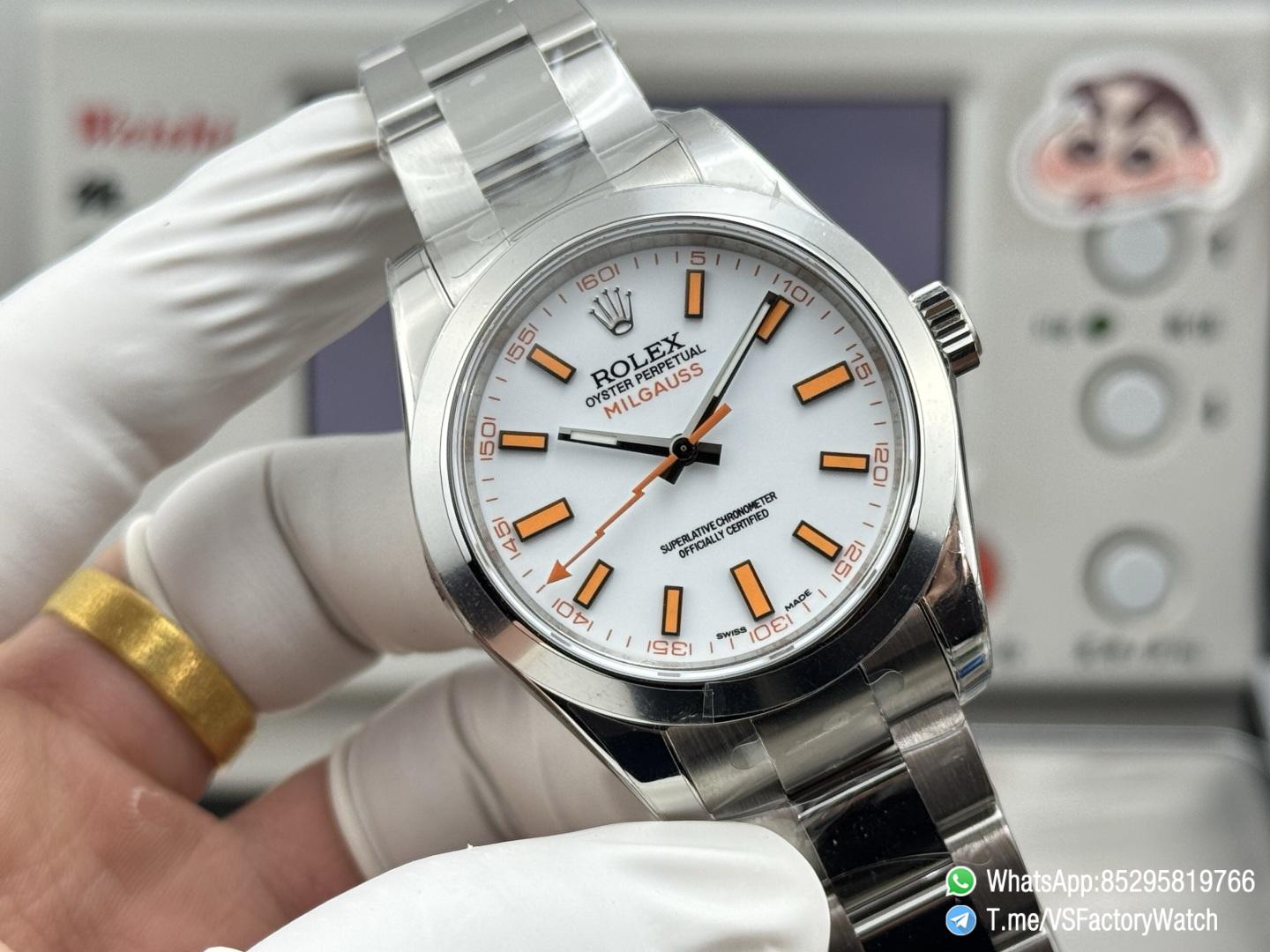 VSF Watches Milgauss 116400 White Dial Lightning Bolt Orange Indexes 904L Steel Case Smooth Bezel Oyster Bracelet VS3131 Movement 02 VSF Watches Milgauss 116400 White Dial Lightning Bolt Orange Indexes 904L Steel Case Smooth Bezel Oyster Bracelet VS3131 Movement 02