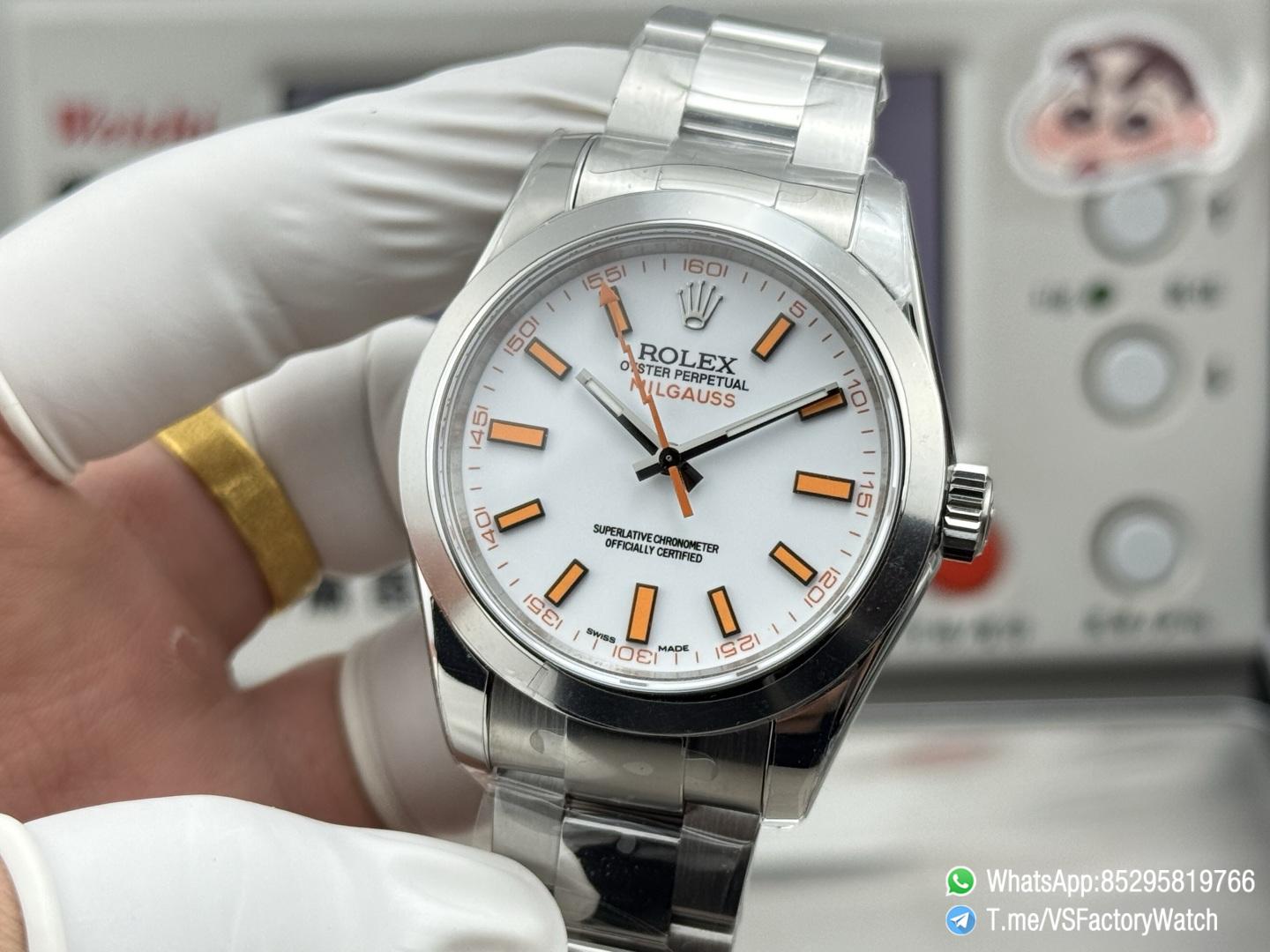 VSF Watches Milgauss 116400 White Dial Lightning Bolt Orange Indexes 904L Steel Case Smooth Bezel Oyster Bracelet VS3131 Movement 03 VSF Watches Milgauss 116400 White Dial Lightning Bolt Orange Indexes 904L Steel Case Smooth Bezel Oyster Bracelet VS3131 Movement 03