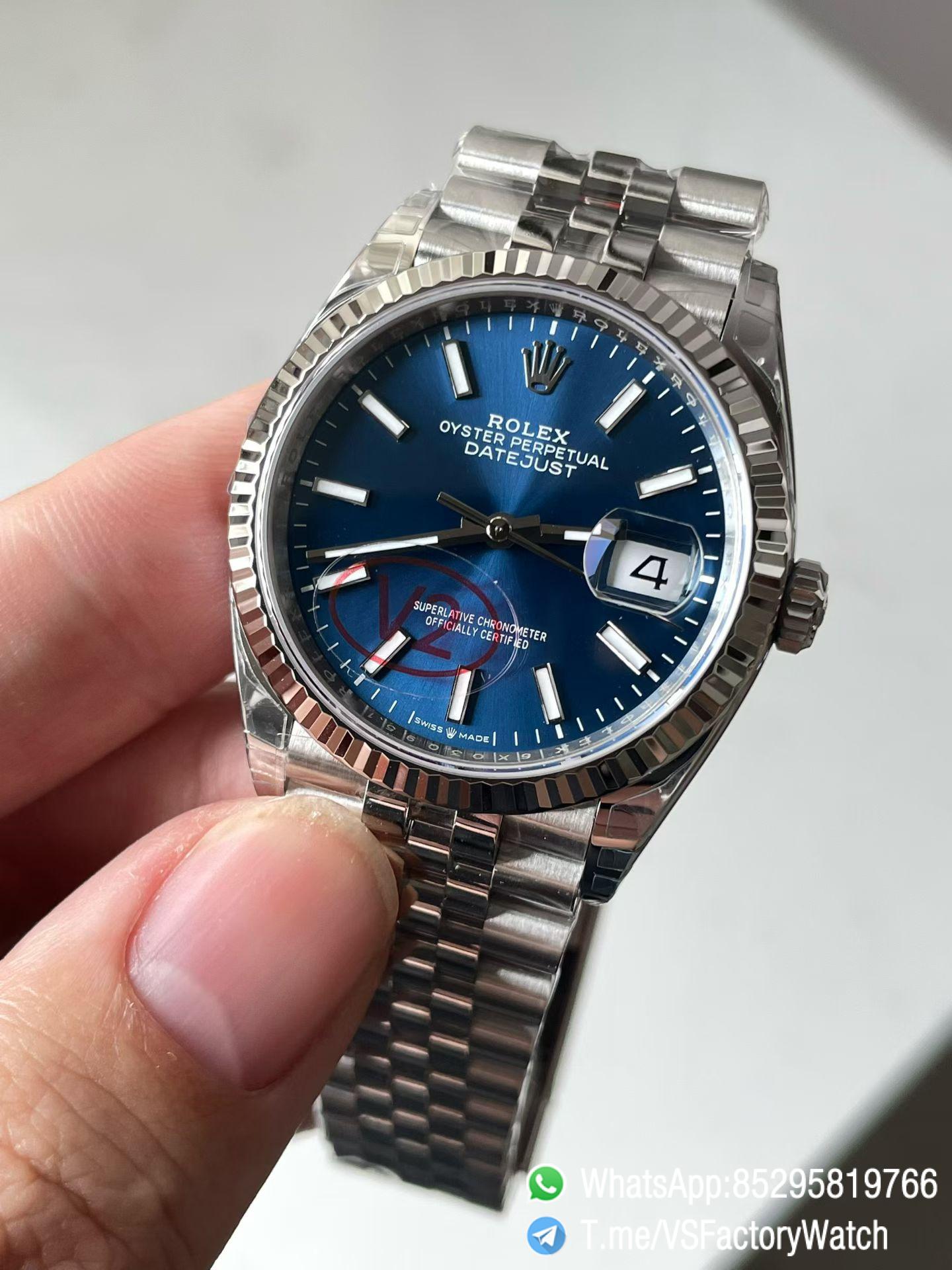 VS Factory Watch VSF Datejust 36 V2 Weight 124g Blue Dial Fluted Bezel 904L Steel Case and Jubilee Bracelet DD3235 Calibre Ref m126234 0017 03 VS Factory Watch VSF Datejust 36 V2 Weight 124g Blue Dial Fluted Bezel 904L Steel Case and Jubilee Bracelet DD3235 Calibre Ref m126234 0017 03